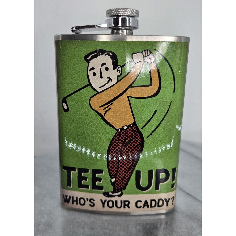 Trixie & Milo Tee Up Who's Your Caddy Golf Stainless Flask 8 Oz Green Retro